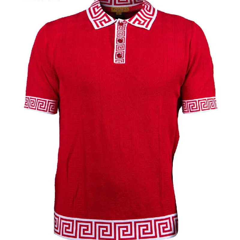 Prestige Red Luxury Knit Greek Key Polo Shirt Traditional Men's Wool