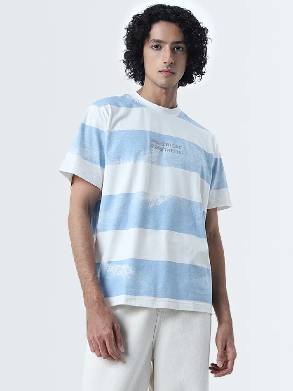 Nuon Blue Stripe Patterned Relaxed-Fit Cotton T-Shirt Beach