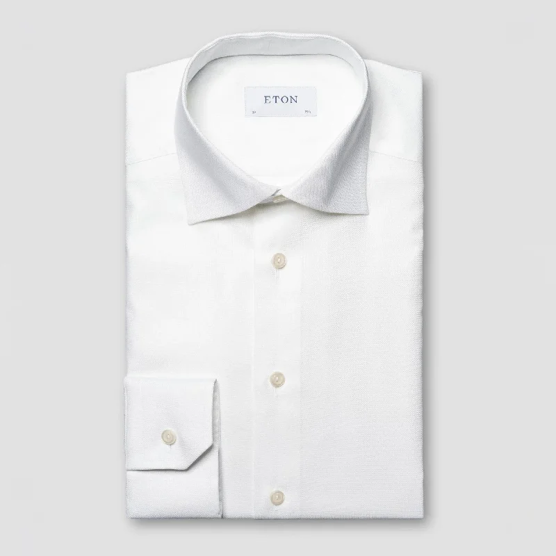 White Semi Solid Cotton-Tencel Slim Fit Shirt - ETON Casual Men's Short