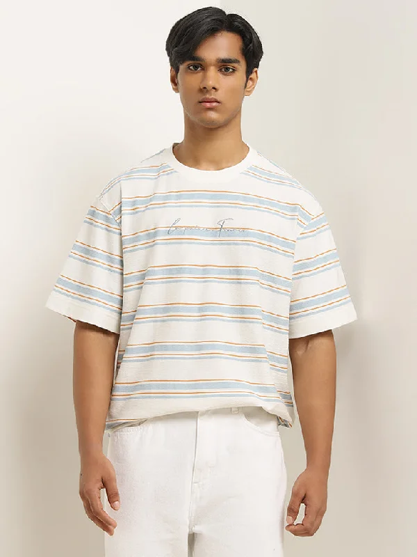 Nuon Blue Stripe Printed Relaxed-Fit T-Shirt Trendy Men's Scandinavian