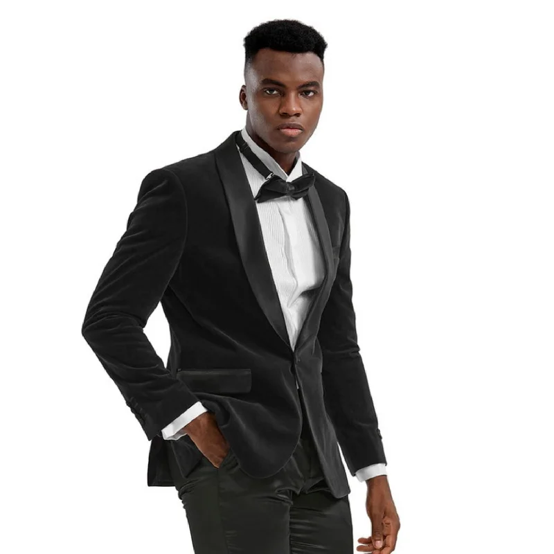 Trendy Tune Collection: Black Solid Color Single Breasted Slim Fit Blazer Modern Men's 