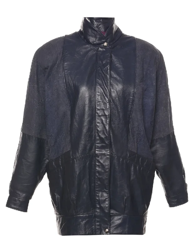 Navy Leather Jacket - L Sleek Men's Metallic