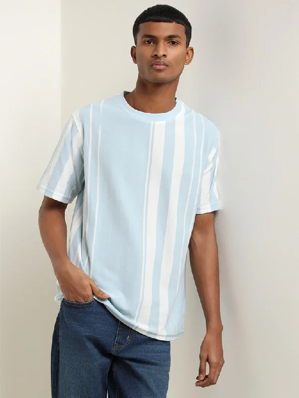 Nuon Light Blue Striped Cotton Blend Slim Fit T-Shirt Organic