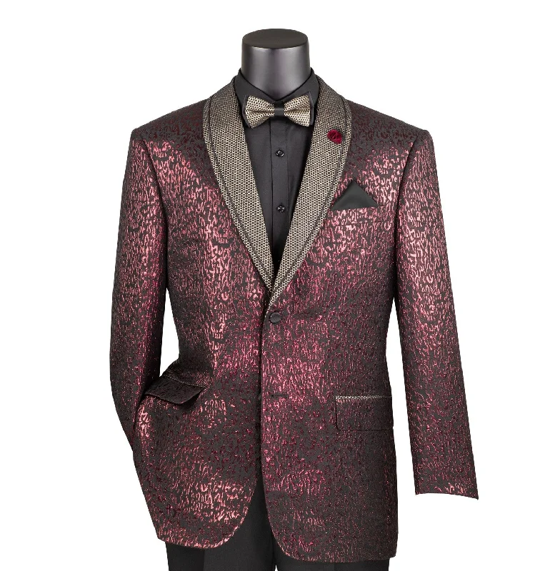 Chateau Collection: Burgundy Jacquard Fabric Single Breasted Regular Fit Blazer Traditional Men's Wool