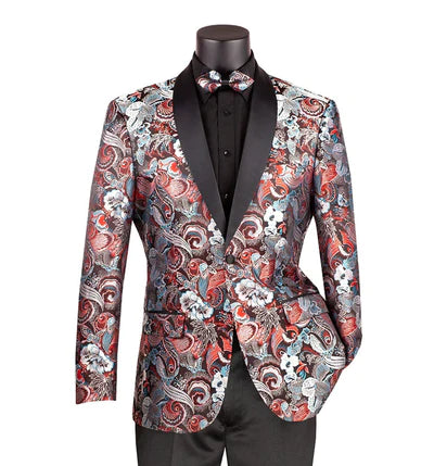 Cosmos Collection: Burgundy 2 Button Paisley Pattern Single Breasted Modern Fit Blazer Monochromatic All