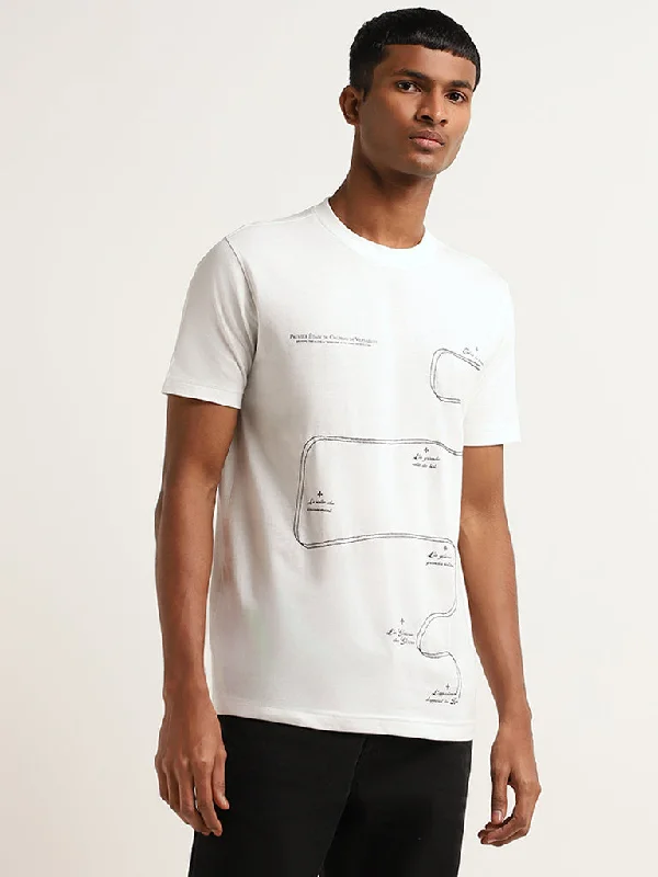 Nuon White Slim-Fit Printed Cotton T-Shirt Laid