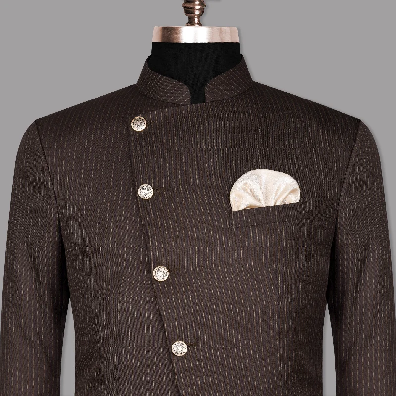 Crater Brown Striped Cross Placket Bandhgala/Mandarin Blazer Dynamic Men's Moto