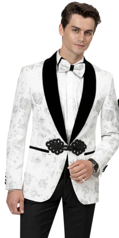 White & Black Floral Print Fashion Blazer J168 Bohemian Men's Free