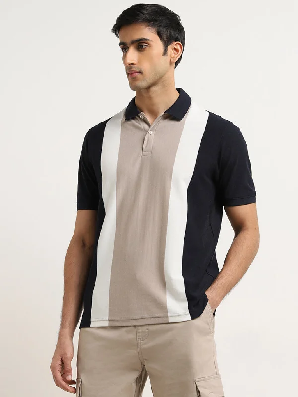 WES Casuals Navy Colour-Blocked Relaxed-Fit Polo T-Shirt Laid