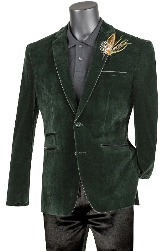 Velourfy Collection: Emerald Velvet with Faux Leather Trim Single Breasted Slim Fit Blazer Bold Men's Statement