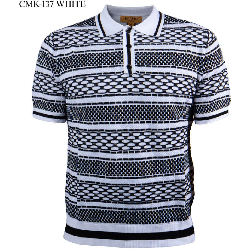 Prestige Black White Luxury Knit Polo Shirt CMK-137-WHITE Sleek Men's Contemporary 