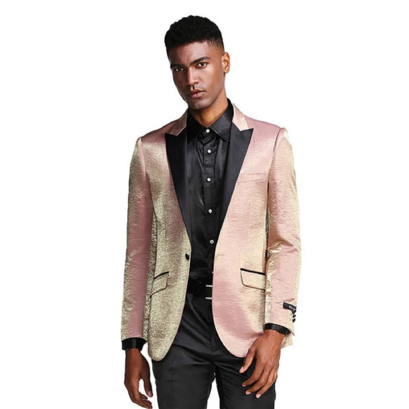 Selene Style Collection: Rose Solid Shine Single Breasted Slim Fit Blazer Minimalist Men's Casual 