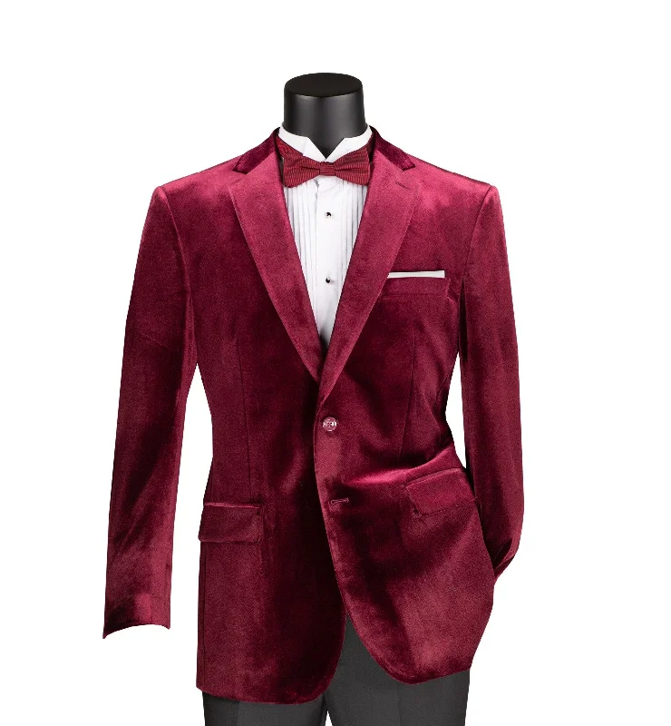 Countess Collection: Wine Velvet Solid Color Single Breasted Regular Fit Blazer Artistic Men's Hand