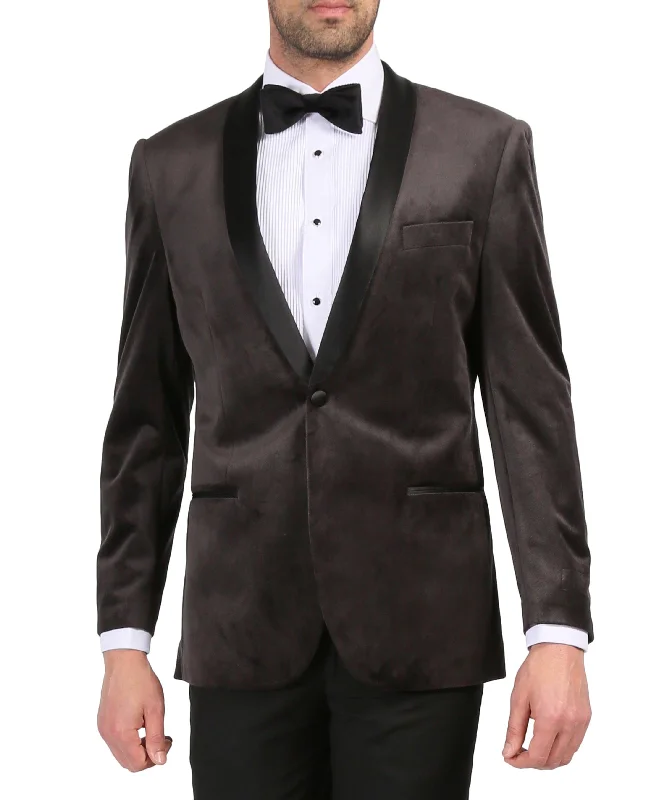 Enzo Grey Slim Fit Velvet Shawl Collar Tuxedo Blazer Business