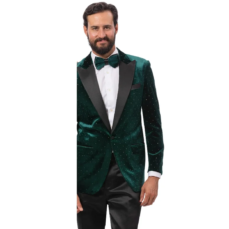 Modern Fit Green Velvet Blazer with Black Satin Lapel & Diamond Studs Practical Men's Multi