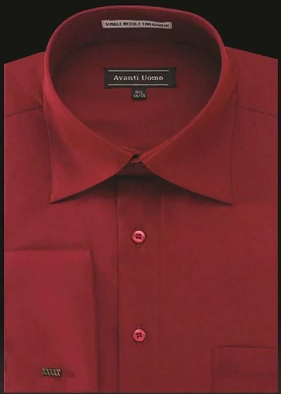 Men's French Cuff Dress Shirt Spread Collar- CRIMSON Polished Men's Satin