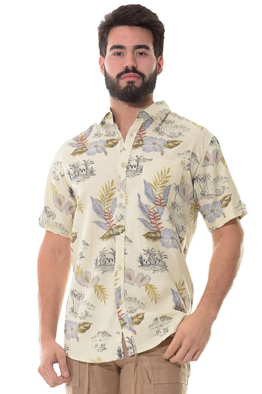 Bohio Men's Short Sleeve Tropical Hibiscus Print Linen Shirt w/Pocket-MLSP1189 Minimalist Men's Casual 