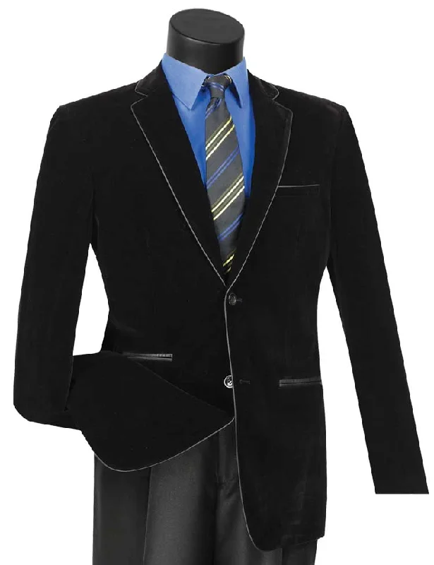 Velourfy Collection: Black Velvet with Faux Leather Trim Single Breasted Slim Fit Blazer Cclassic Men's Tweed