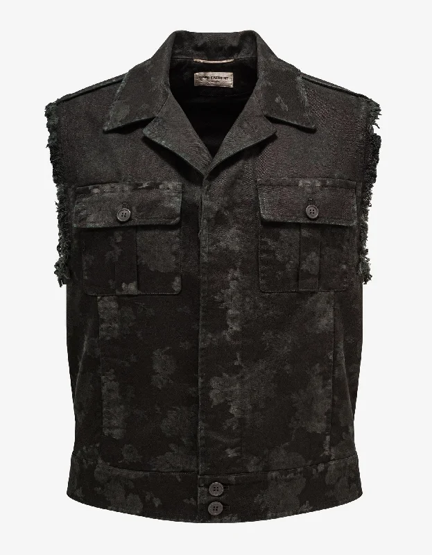 Saint Laurent Black Floral Sleeveless Jacket Rugged Men's Outdoor 