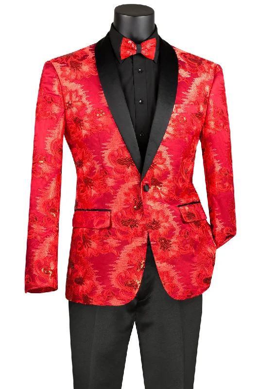 Wilde Wear Collection: Red Embroidery Single Breasted Slim Fit Blazer Elegant Men's Cashmere