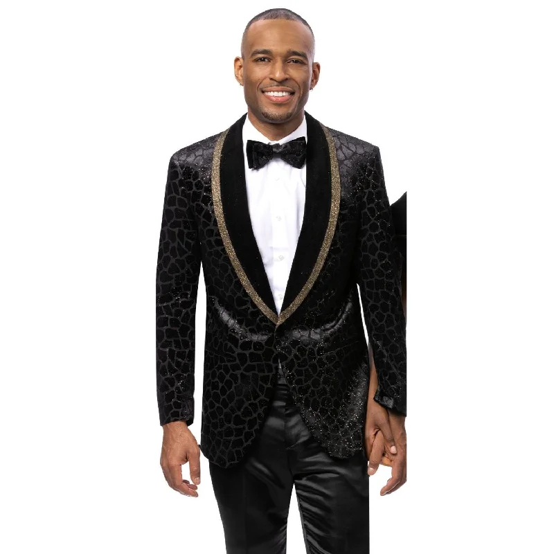 Luxe Radiance Modern Fit Black and Gold Velvet Blazer with Gold Accents Stylish Men's Tropical 