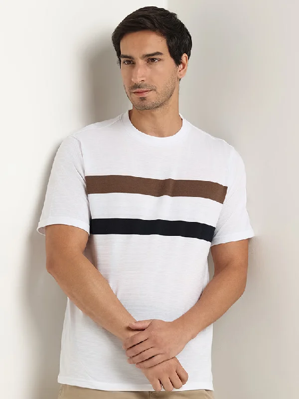 WES Lounge White Striped Cotton Blend Relaxed Fit T-Shirt Rugged Men's Outdoor 