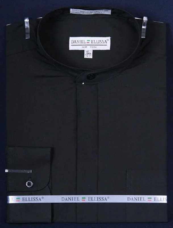 Banded Collar Dress Shirt, Black Casual Men's Loose