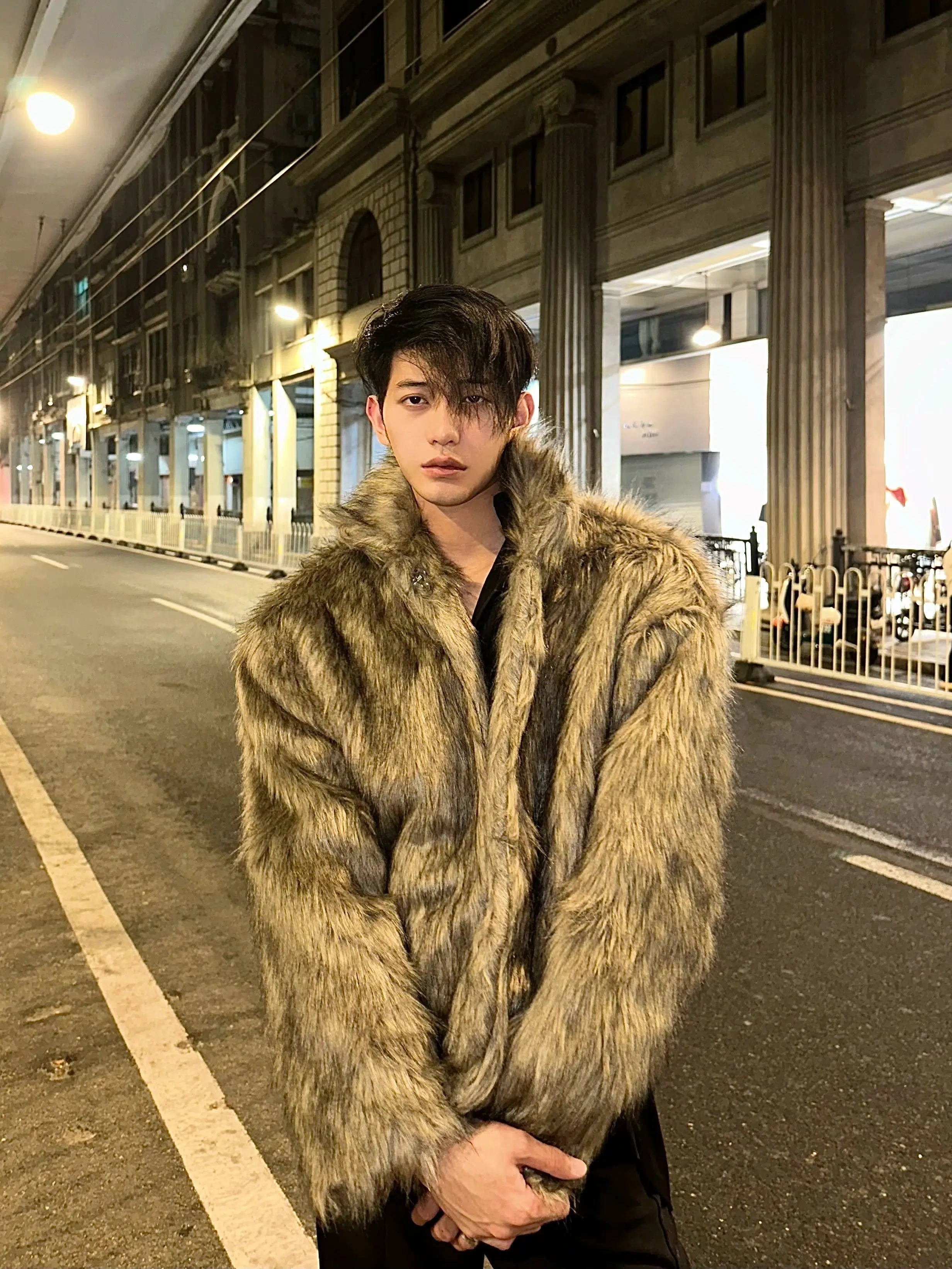 High-end Lapel Fur Coat Polished Men's Silk