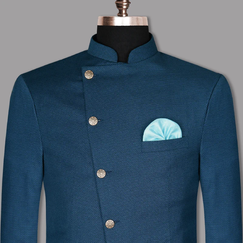 Yale Blue Subtle Diamond Textured Cross Placket Bandhgala/Mandarin Wool-Silk blend Blazer Hip Men's Urban