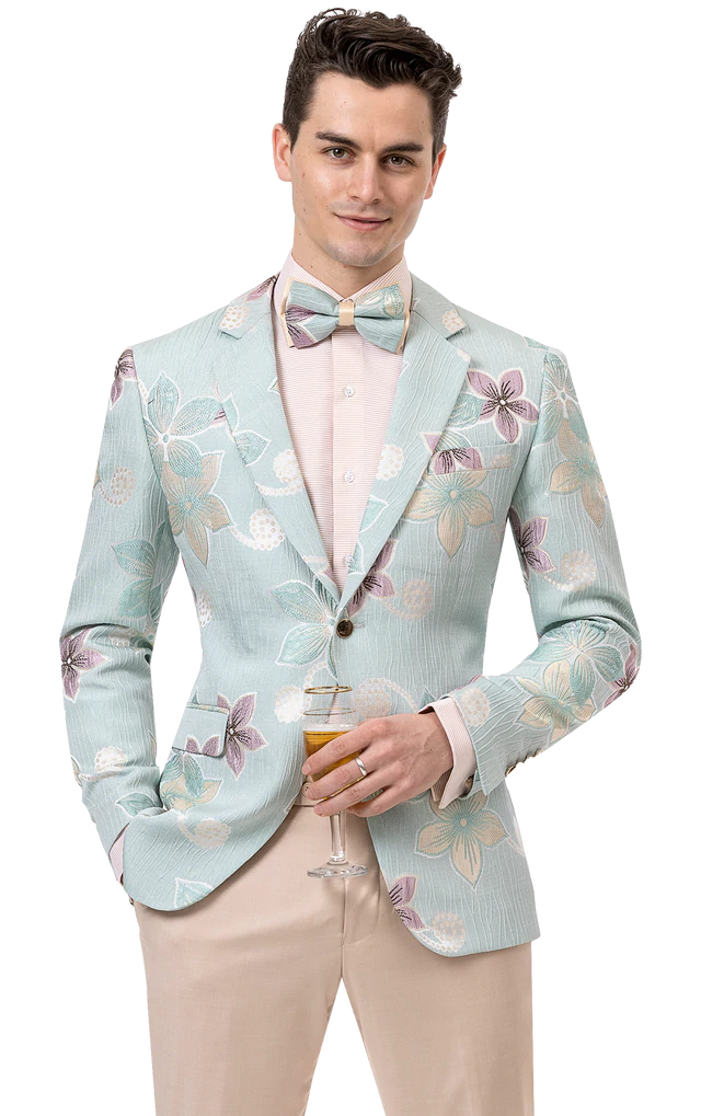 Light Teal Floral Print Fashion Blazer J148 Stylish Men's Tropical 