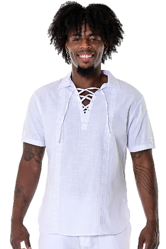 Bohio Mens White Cotton Casual Beach Summer Drawstring Collar Short Sleeve Shirt in Color Gray - MCS1078 Artistic Men's Avant