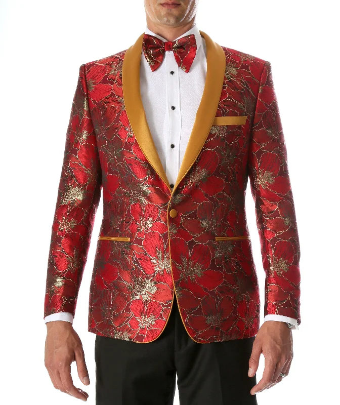 Men's Hugo Red Floral Modern Fit Shawl Collar Tuxedo Blazer Relaxed Men's Australian 