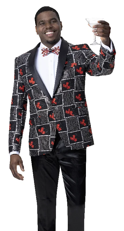 Black Checkered Floral Sequin Pattern Fashion Blazer J88 Dynamic Men's High