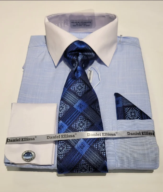 Daniel Ellissa DS3831P2 Matching Shirt & Tie Set Blue Laid