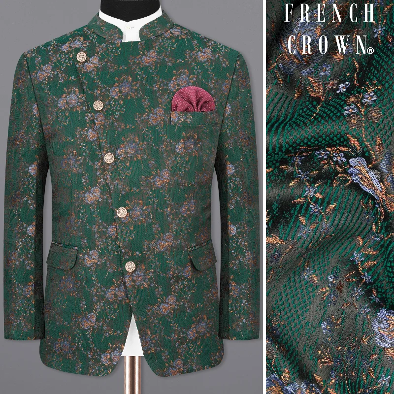 Everglade Green Floral Textured Cross Placket Bandhgala Designer Blazer Sophisticated Men's French