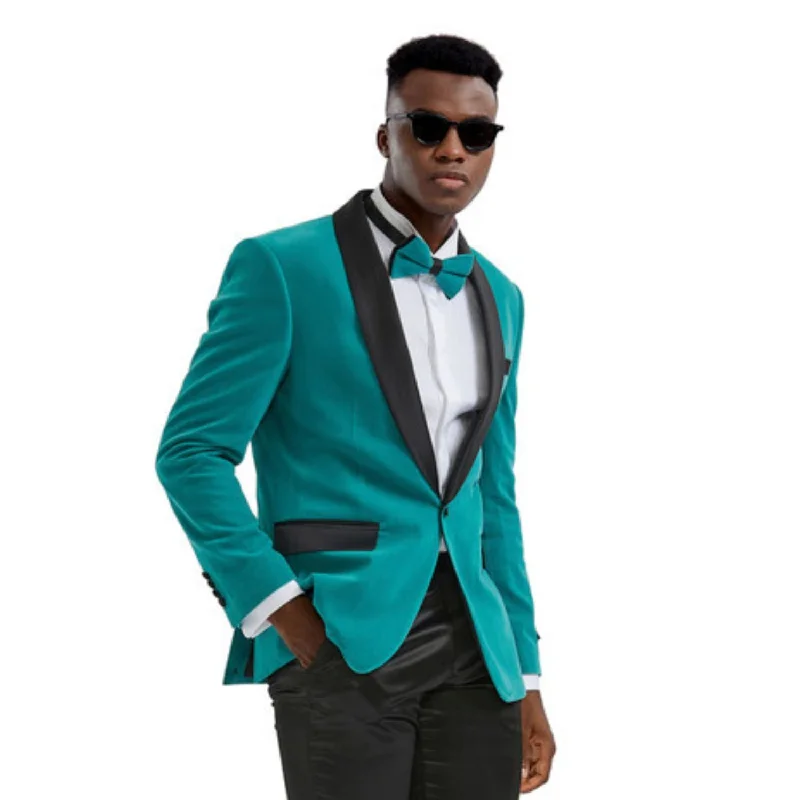 Trendy Tune Collection: Teal Solid Color Single Breasted Slim Fit Blazer Confident Men's Power