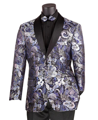 Cosmos Collection: Navy 2 Button Paisley Pattern Single Breasted Modern Fit Blazer Dapper Men's 1920S