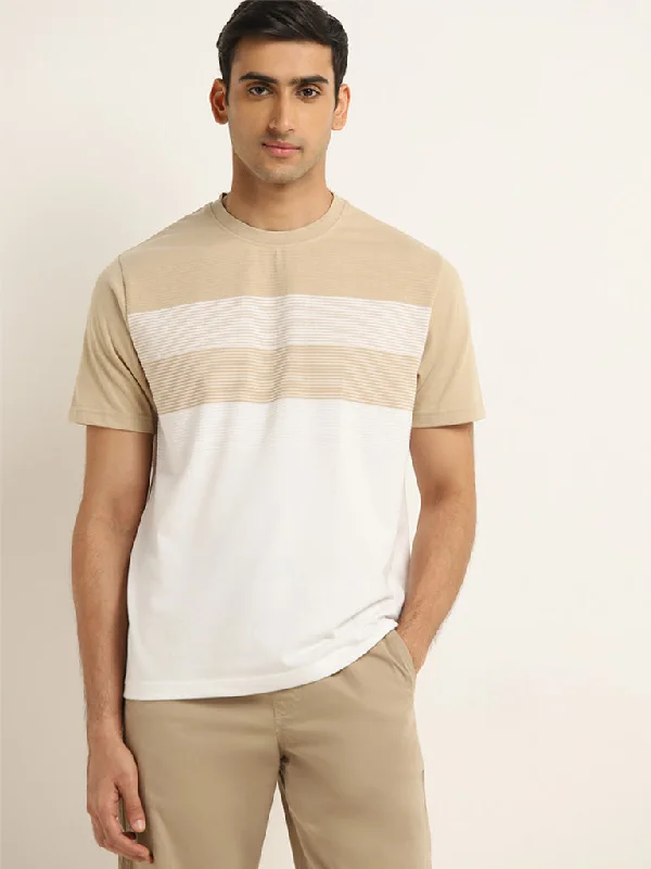 WES Lounge Beige Colour-Blocked Relaxed-Fit T-Shirt Laid