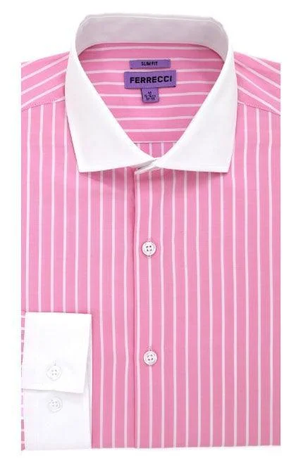 The Pitt Slim Fit Cotton Dress Shirt- Pink with White Collar and White Pin Stripes Trendy Men's Oversized