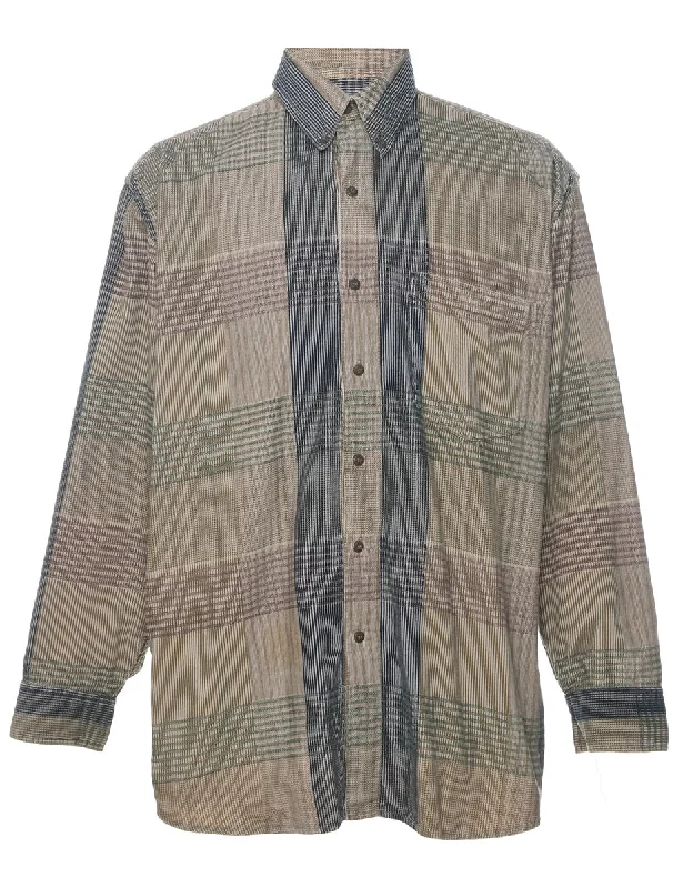 Beige Corduroy 1990s Checked Shirt - L Trendy Men's Bucket