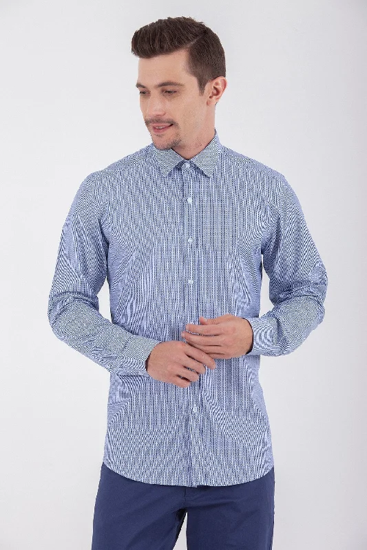 Regular Fit Long Sleeve Cotton Navy Dress Shirt Trendy Men's Bucket