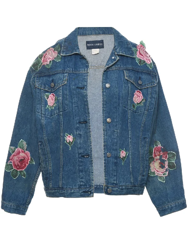 Floral Pattern Denim Jacket - M Sleek Men's Metallic