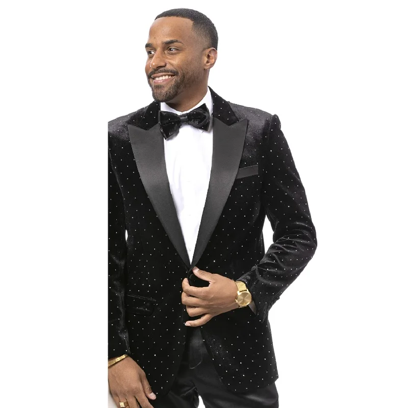 Luxurious Black Velvet Blazer with Satin Lapel and Diamond Stud Accents Dynamic Men's Moto