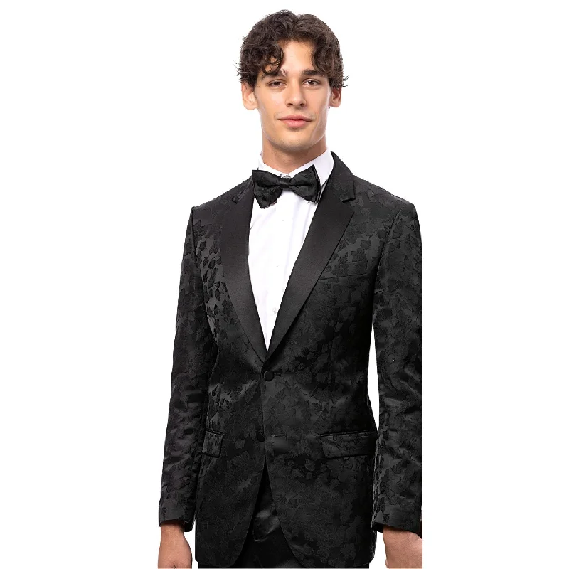 Elegant Black Tone on Tone Floral Design Blazer with Solid Satin Lapel - Modern Fit Relaxed Men's Australian 