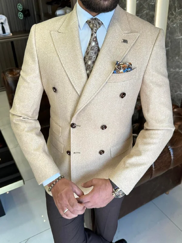 Beige Double Breasted Blazer Unique Men's Patch