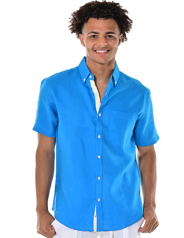 Bohio Men's 100% Linen Short Sleeve Shirt w/Pocket & Contrast Buttons in (2) Colors-MLS1554 Traditional Men's Country