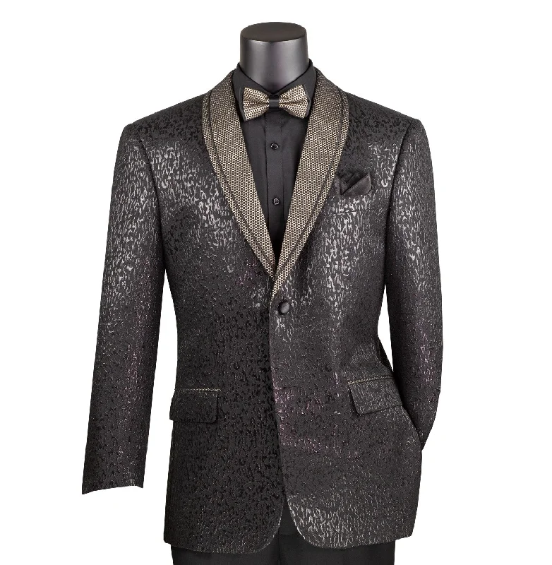 Chateau Collection: Black Jacquard Fabric Single Breasted Regular Fit Blazer Sleek Men's Metallic