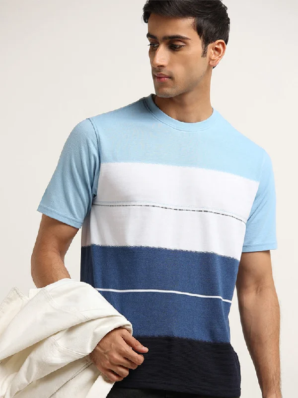 WES Lounge Blue Striped Cotton Blend Relaxed Fit T-Shirt Trendy Men's Oversized