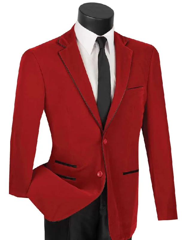 Velourfy Collection: Red Velvet with Faux Leather Trim Single Breasted Slim Fit Blazer Stylish Men's Tropical 