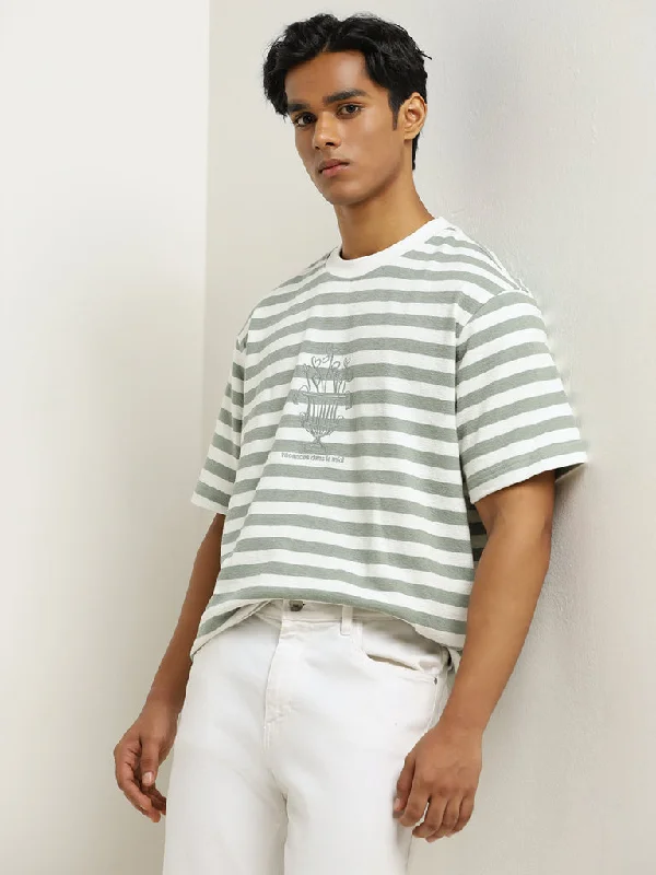 Nuon Sage Stripe Printed Relaxed-Fit Cotton T-Shirt Vacation